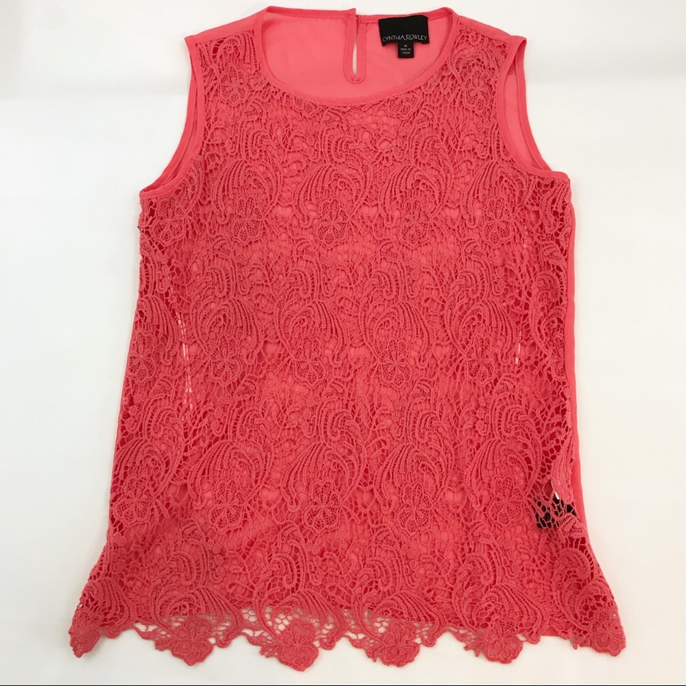 Cynthia Rowley Sleeveless Coral Blouse Lace Sheer